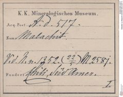 Etiketten zu Malachit (NHMW-MIN-Ad517)